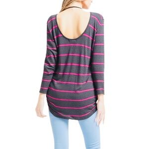 Pink Rose Striped Open Back Long Sleeve Striped Tee in Pink & Gray Size M
